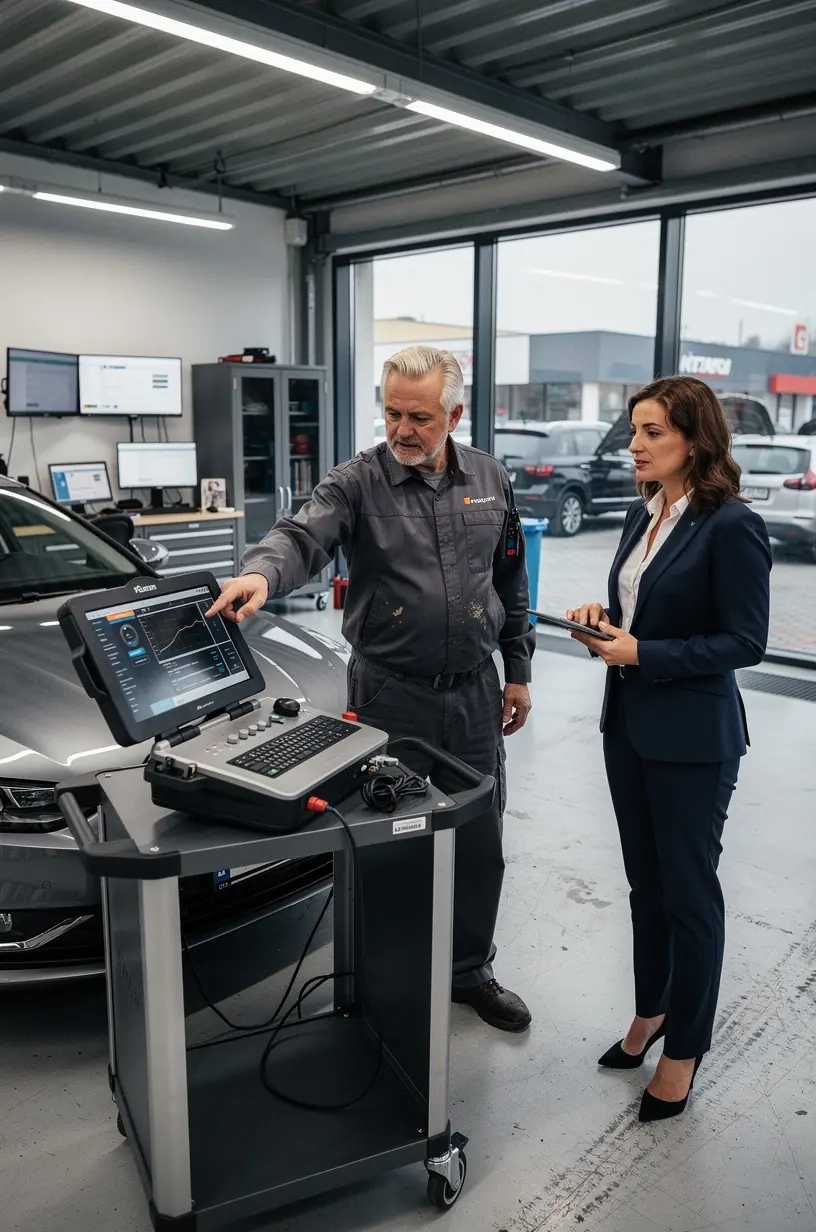 Mechanik vykonáva meranie výkonu klimatizácie pomocou špecializovaných nástrojov v autoservise.
